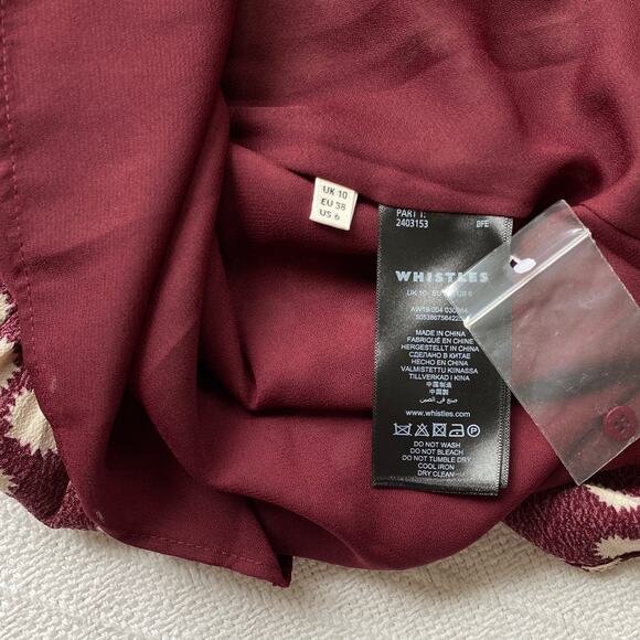 Whistles Burgundy Illustrated Flower Dress Collared Short Ruffle Hem Size 6 - Picture 12 of 12